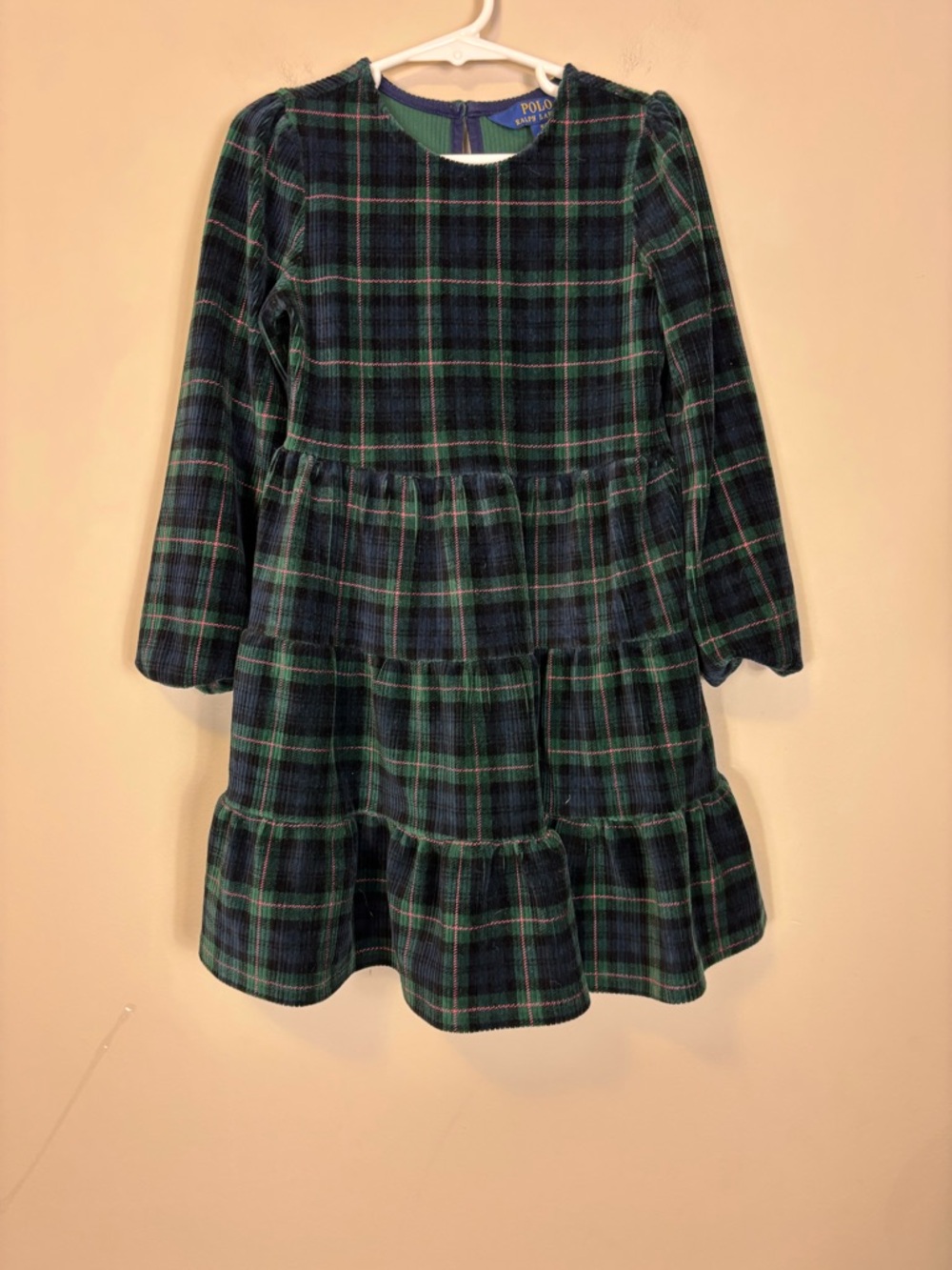 Polo by Ralph Lauren Green & Navy Plaid Tiered Long-Sleeve Kids Dress 5